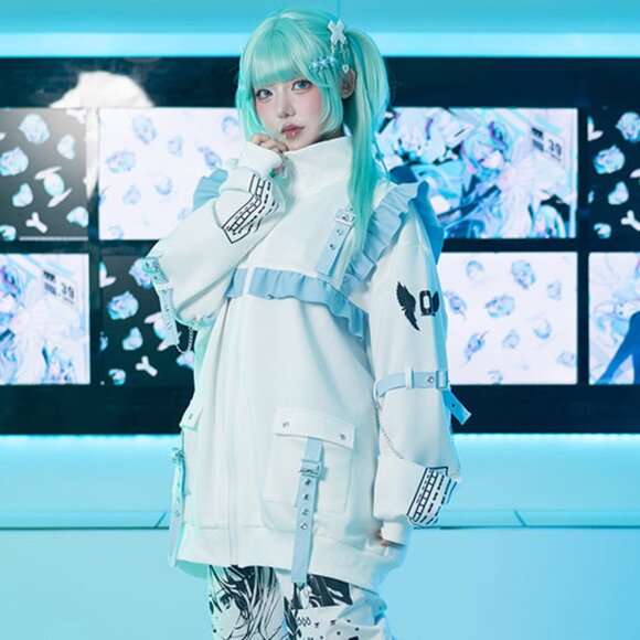NEW ACDC RAG x Hatsune Miku Forever White Blue Frill Oversized Jacket - Picture 2 of 10